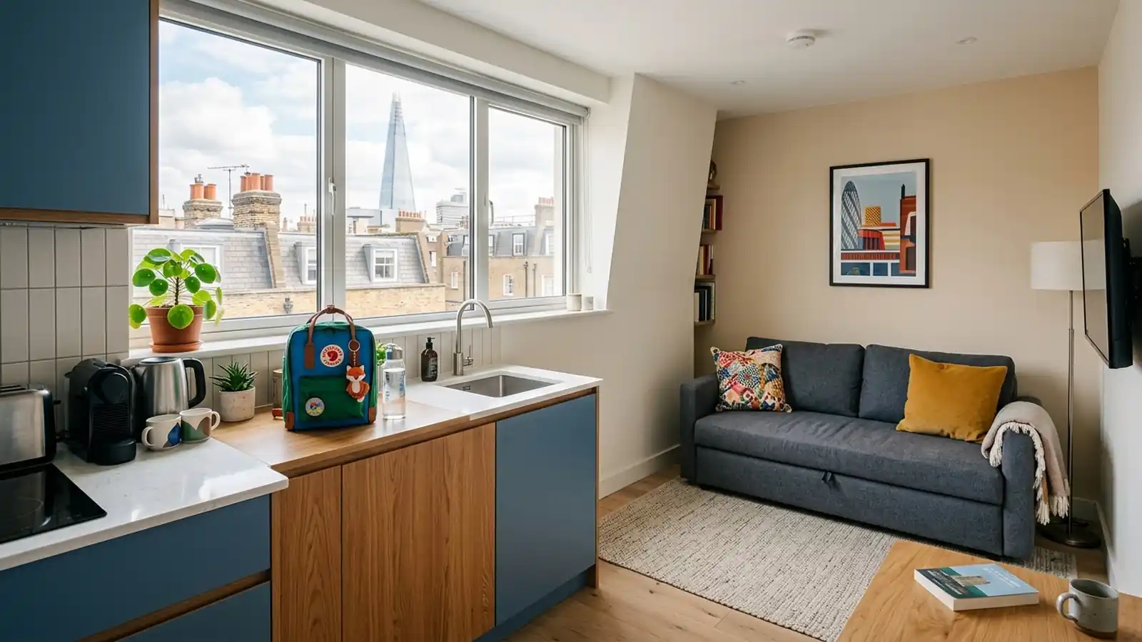 A modern London aparthotel living area with a kitchenette and sofa bed and a child's backpack on the counter.