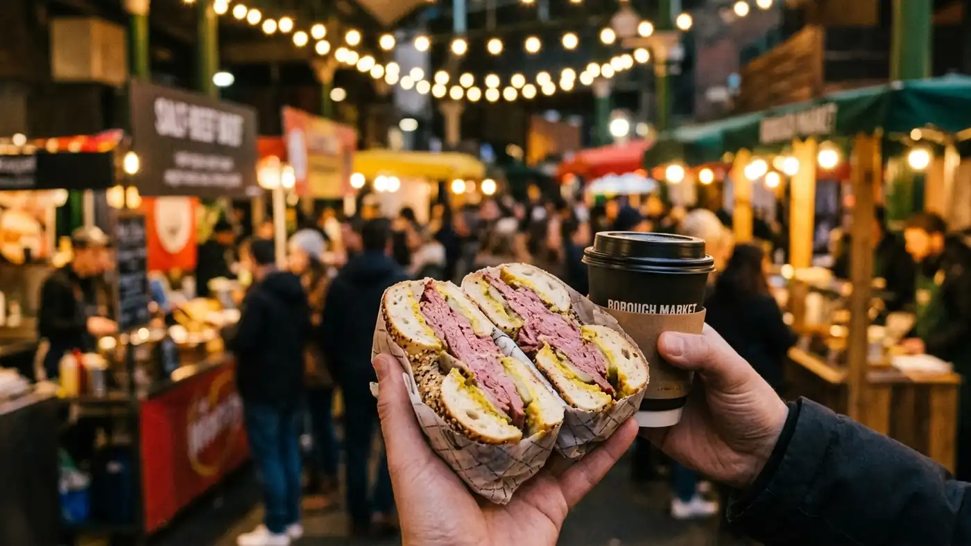 A salt-beef bagel and coffee held in hand at Borough Market with blurred stalls and string lights behind.