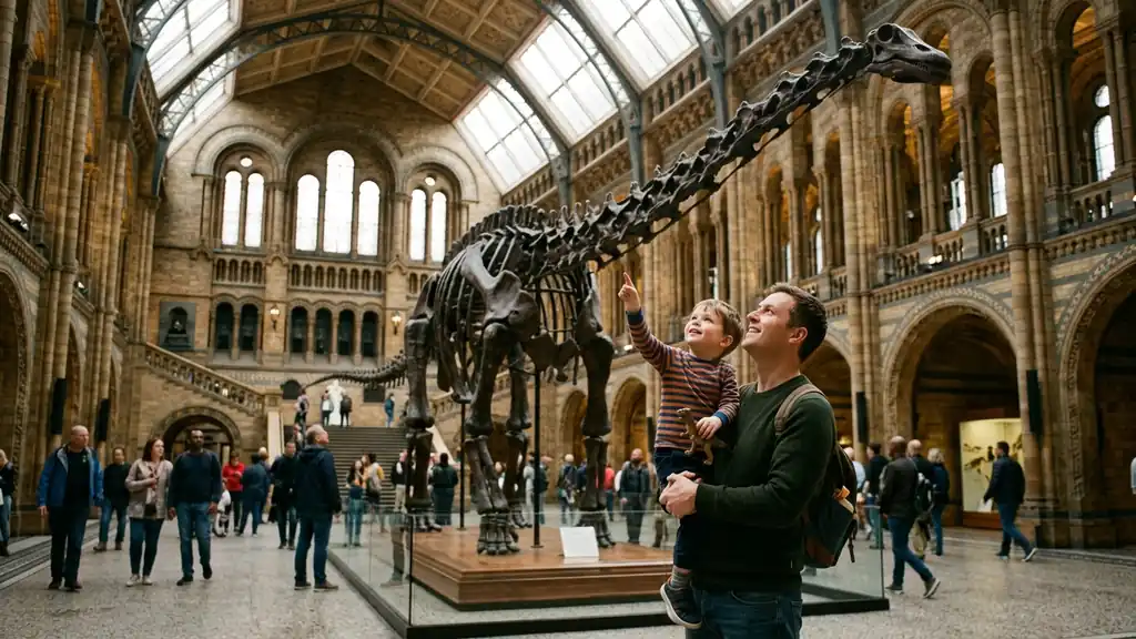 A dad and young child look up at a dinosaur skeleton in a grand hall at a free London museum.