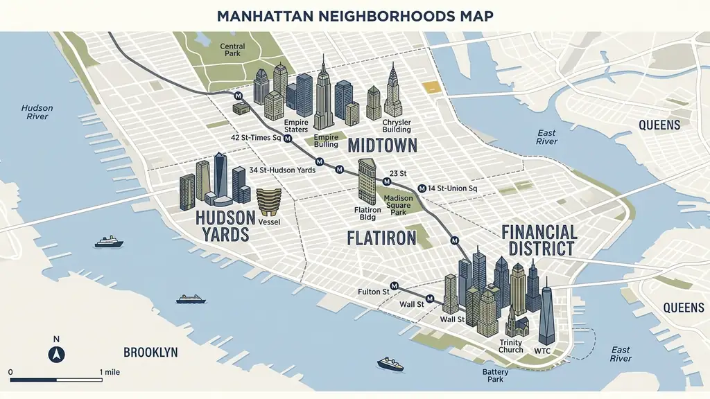 Illustrated map of Manhattan business neighborhoods including Midtown, FiDi, Hudson Yards and Flatiron with subway lines