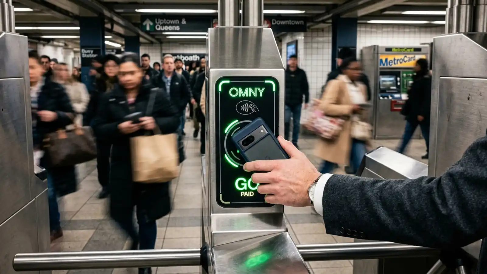 Hand tapping a smartphone on an NYC subway OMNY contactless turnstile reader to pay the fare
