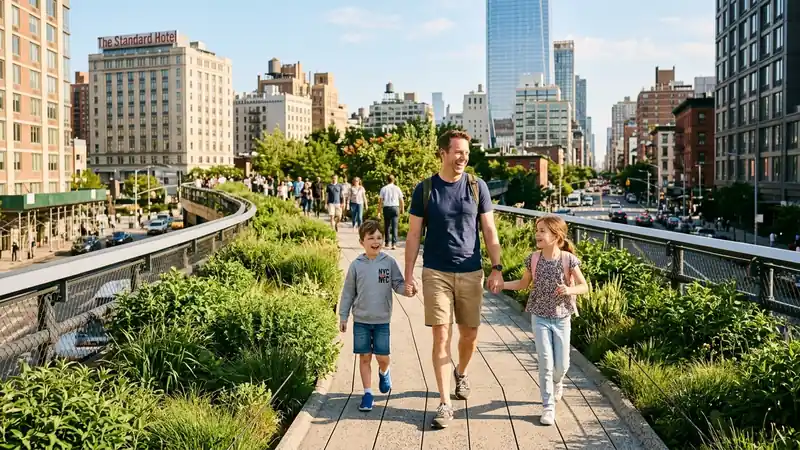 A traveling dad with his kids enjoying a bleisure half-day in New York City on a sunny afternoon