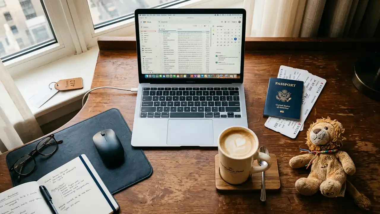 Overhead flat-lay of a work laptop, passport, boarding passes, and a child's toy on a hotel desk, representing a blended business and family trip