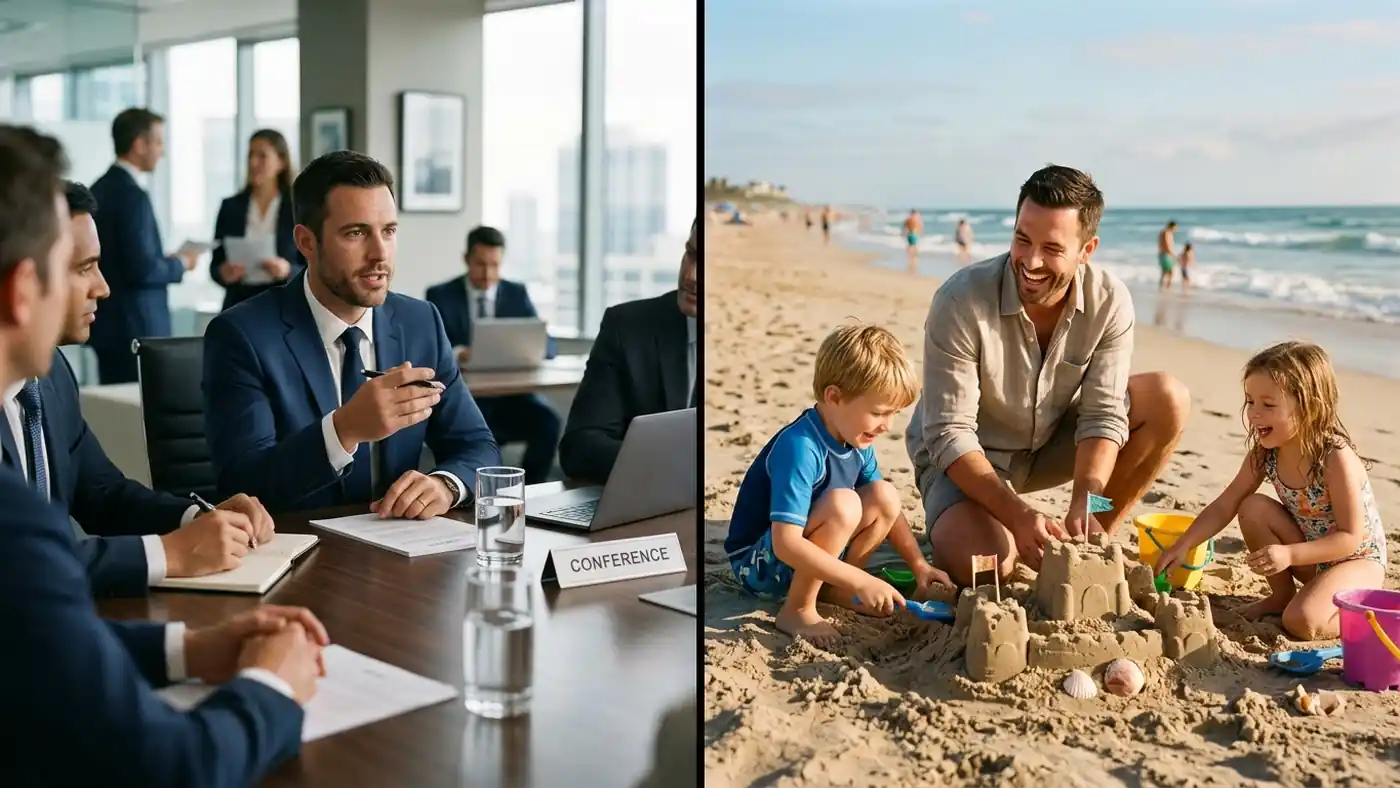 Split scene of a dad at a business conference and the same dad playing with his kids on a beach, illustrating a bleisure work-and-family trip