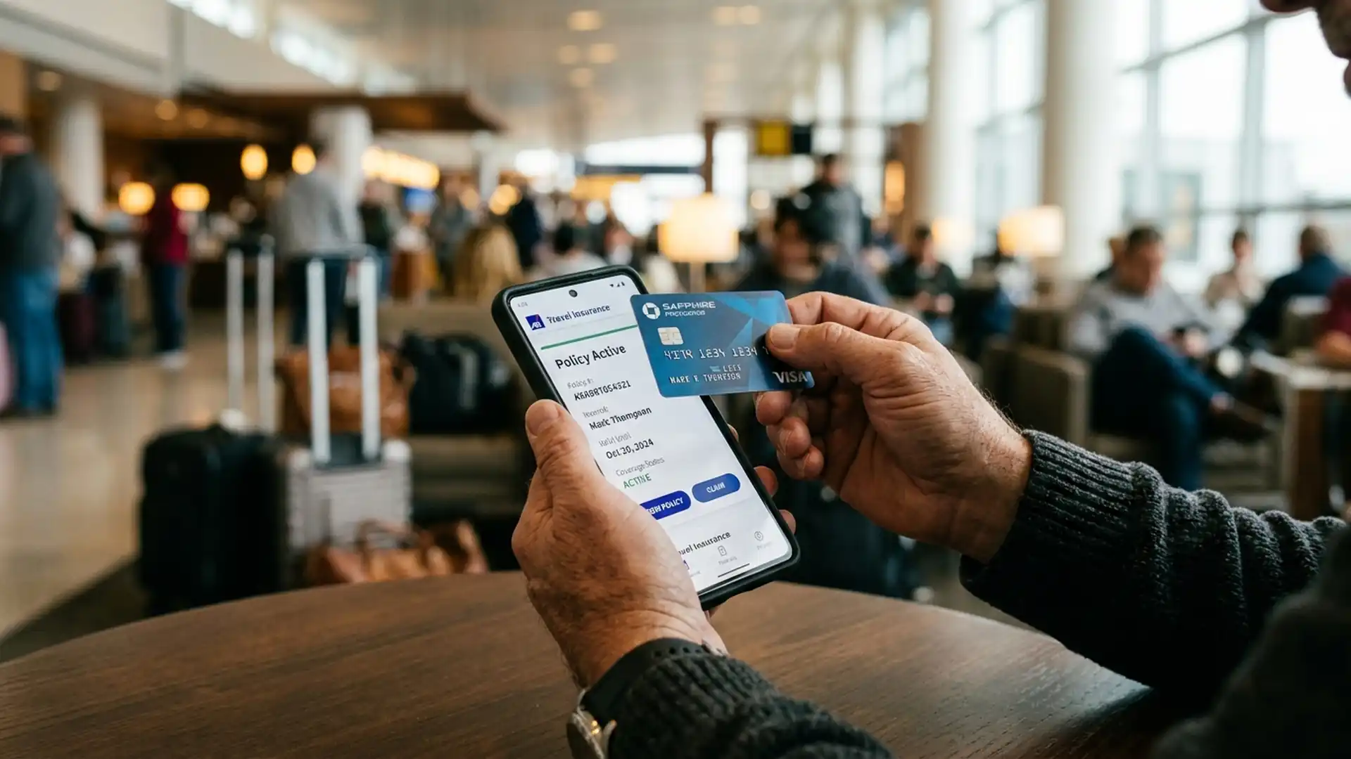 Close-up of a dad holding a credit card and phone checking travel insurance coverage in an airport lounge