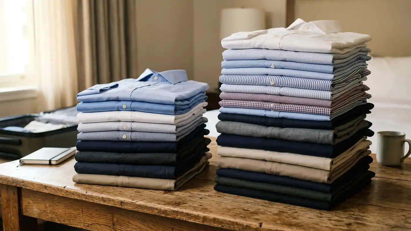Side-by-side comparison of a seven-day and a two-week pile of folded business travel clothes