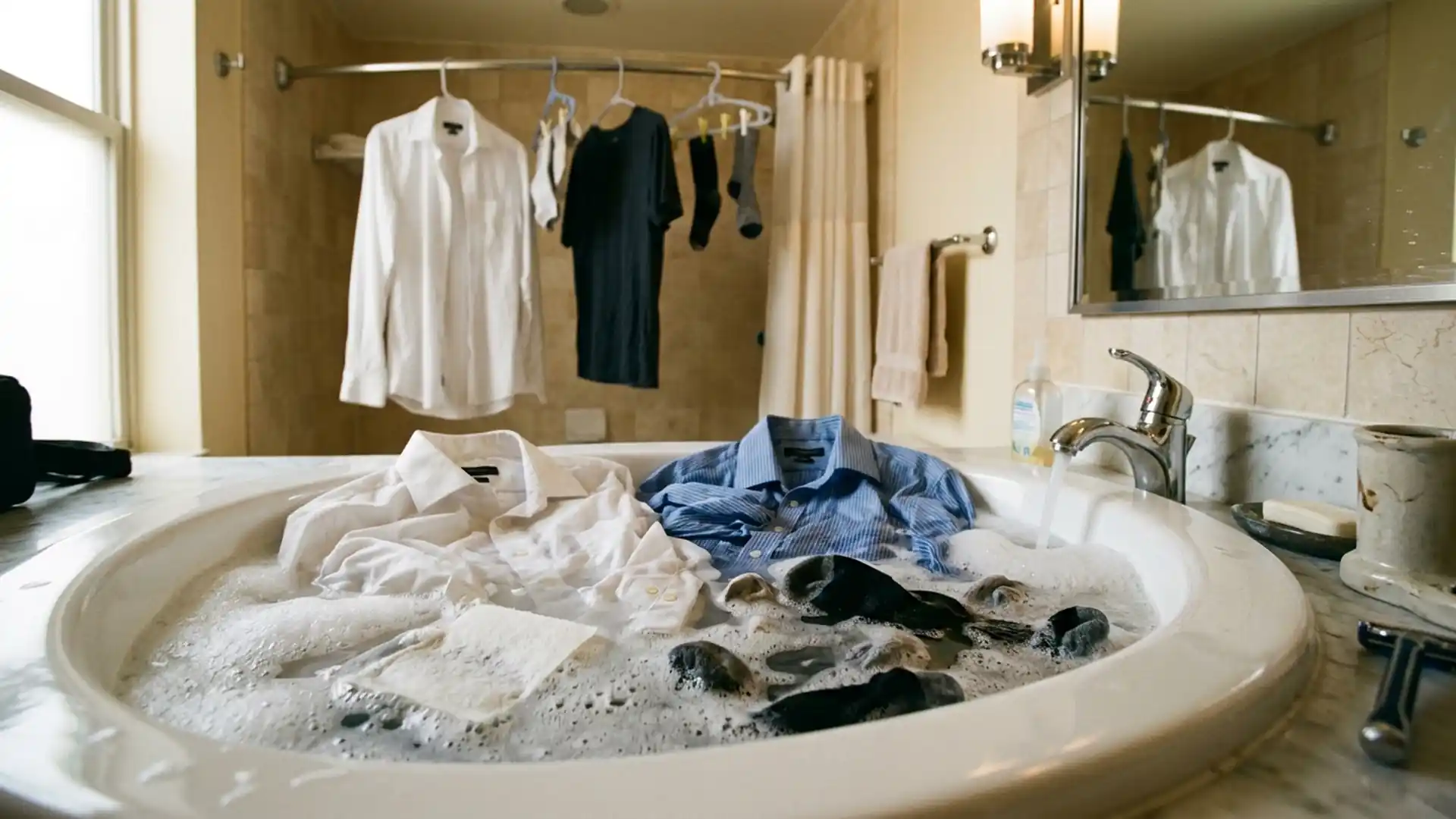 Dress shirts and socks soaking in a hotel sink with a dissolving detergent sheet during a trip