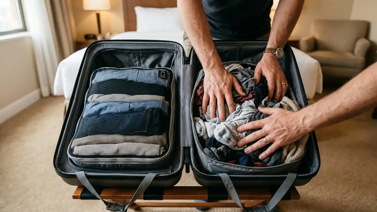 Two compression packing cubes in a carry-on, one for clean clothes and one for dirty laundry