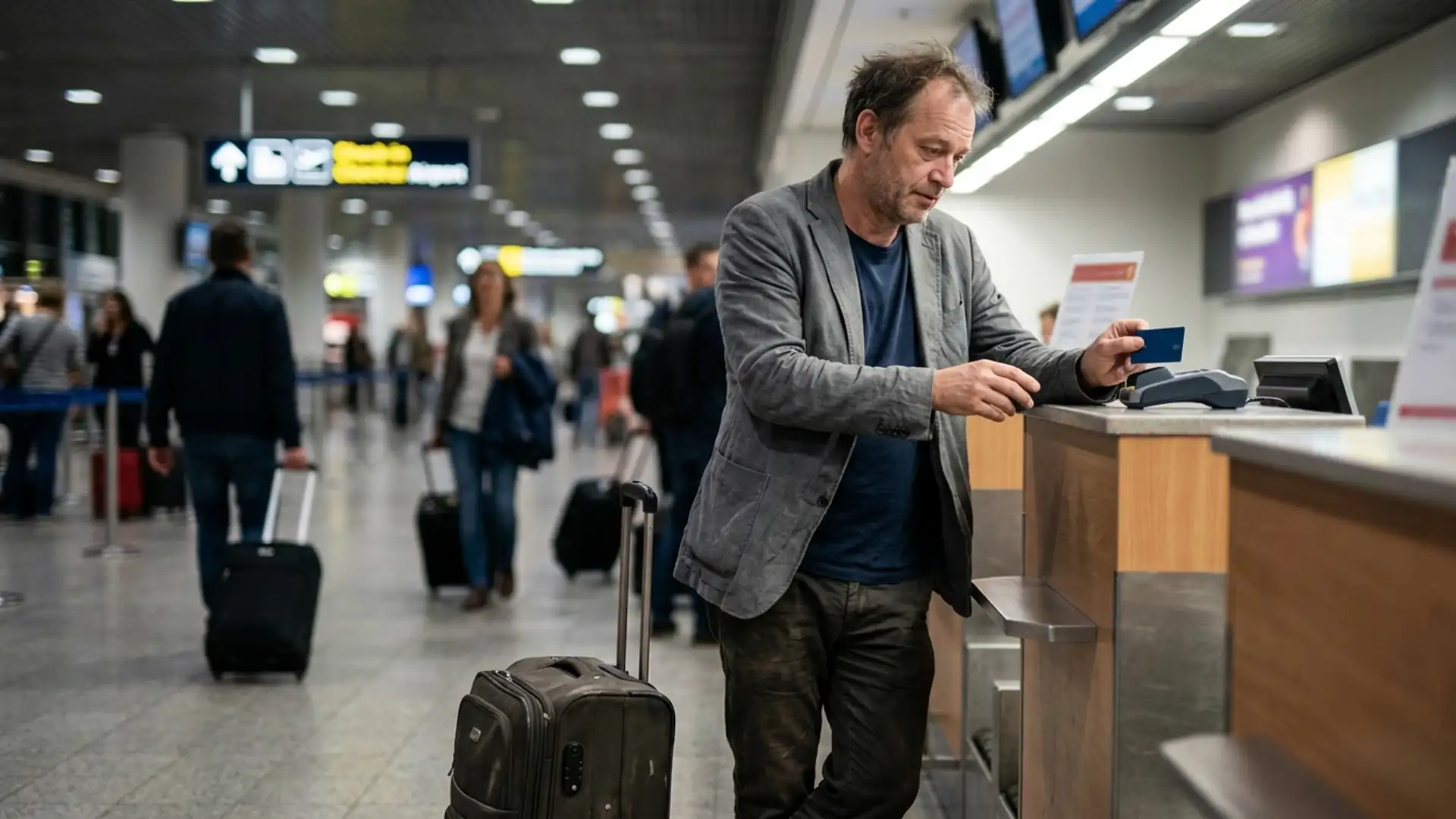 A dad handing a co-branded airline credit card to an agent at an airport check-in counter