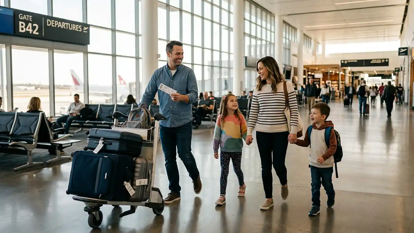 A family walking through an airport with two checked suitcases on a luggage cart