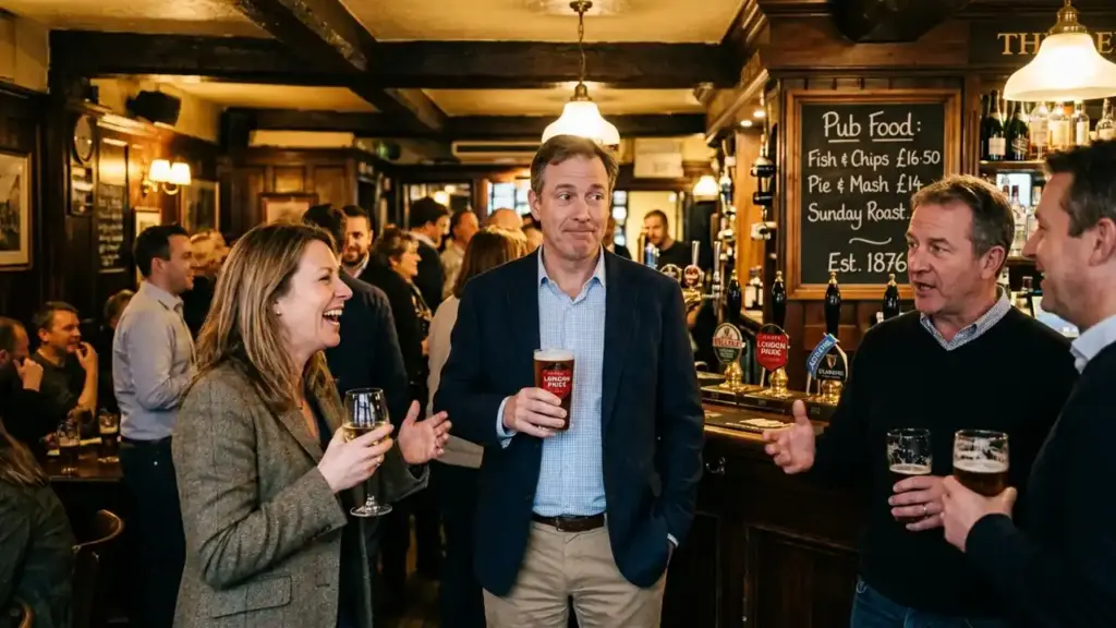 An American businessman holding a pint among British colleagues in a traditional pub, illustrating UK business etiquette and pub-round culture