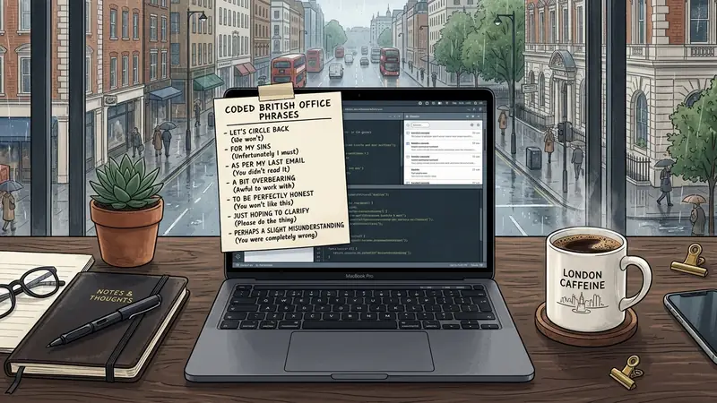 A laptop with a sticky note of coded British office phrases on a London office desk, representing the UK business etiquette decode table