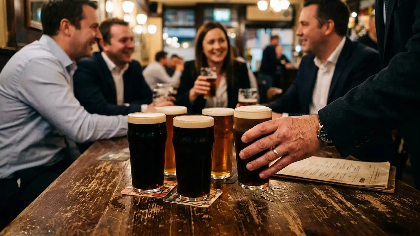Four pints set down on a wooden pub table with colleagues in the background, illustrating the British pub-round system