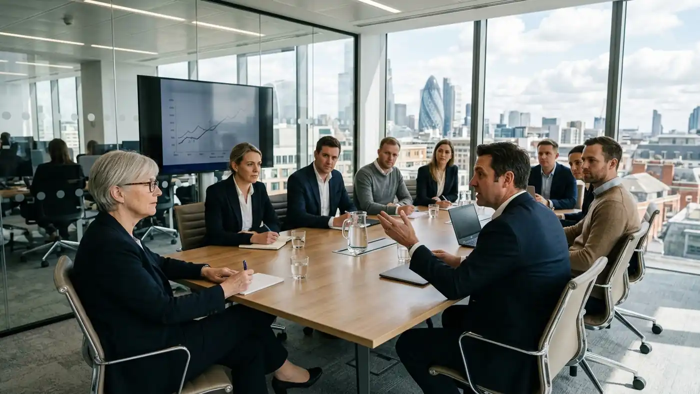 A calm British business meeting with a quiet senior figure listening, showing understated UK workplace seniority