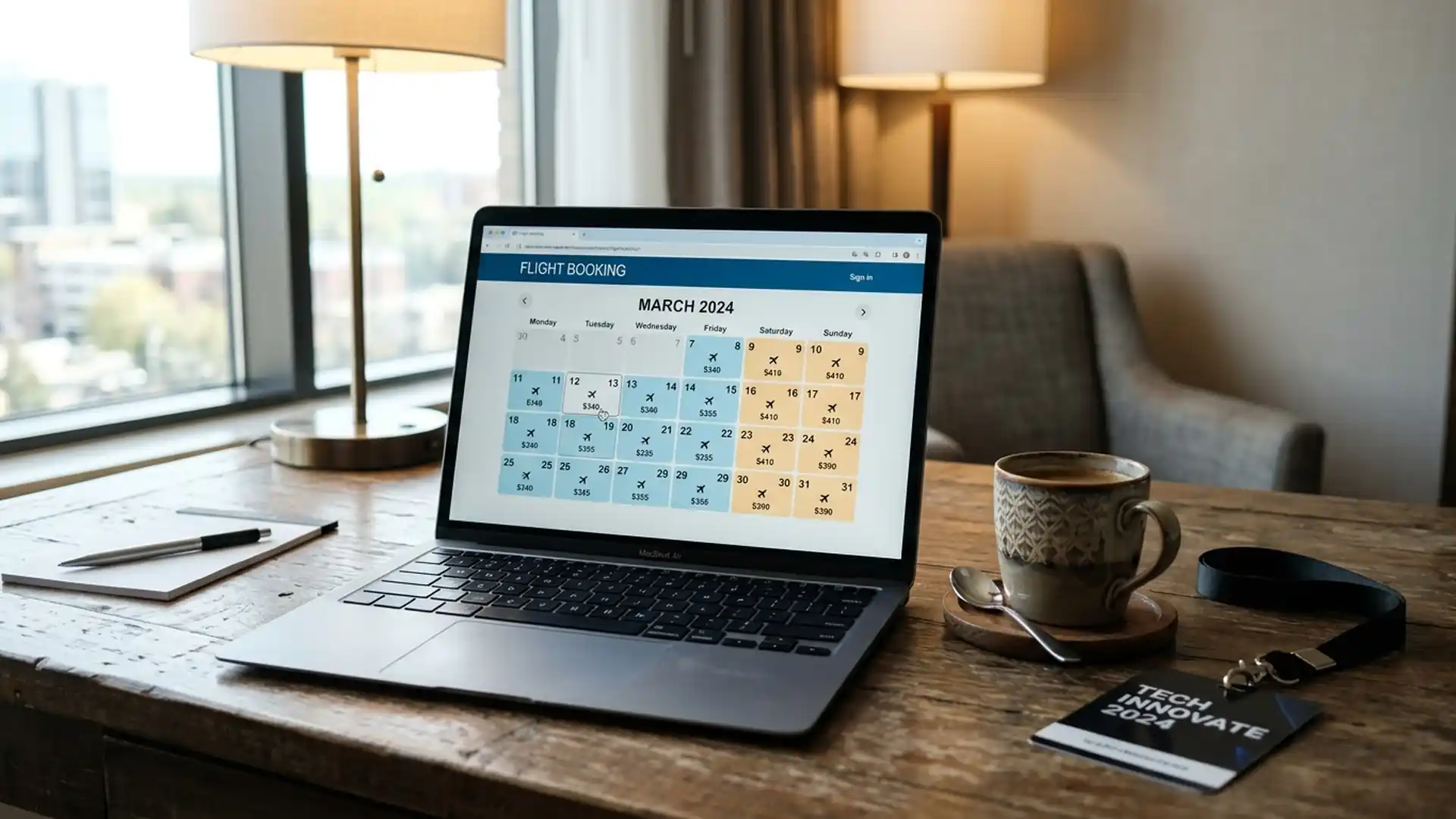 A booking calendar on a laptop showing business days and personal extension days color-coded for a bleisure trip