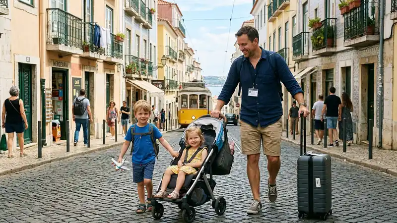 A traveling dad still wearing his work badge exploring a foreign city with his kids after the business portion of the trip