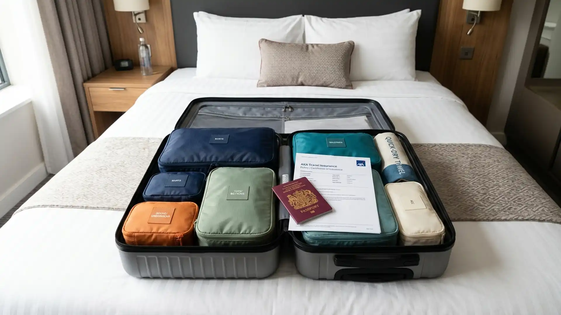 An organized suitcase with color-coded packing cubes, a passport, and travel insurance papers ready for a family bleisure extension