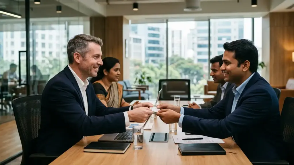 American businessman exchanging a business card with the right hand in an Indian business meeting illustrating India business etiquette