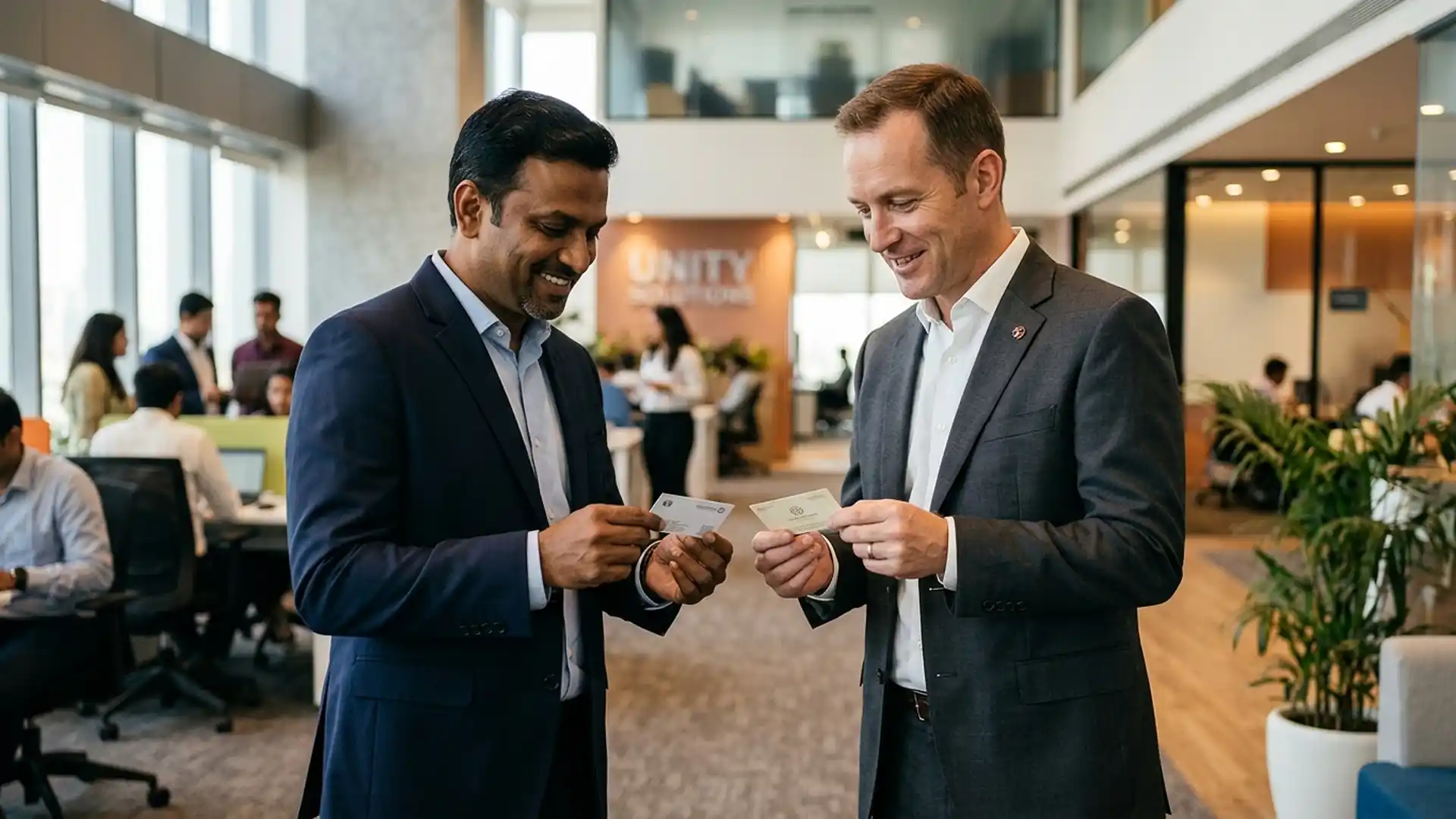 Western and Indian businessmen exchanging business cards with the right hand at a meeting in India