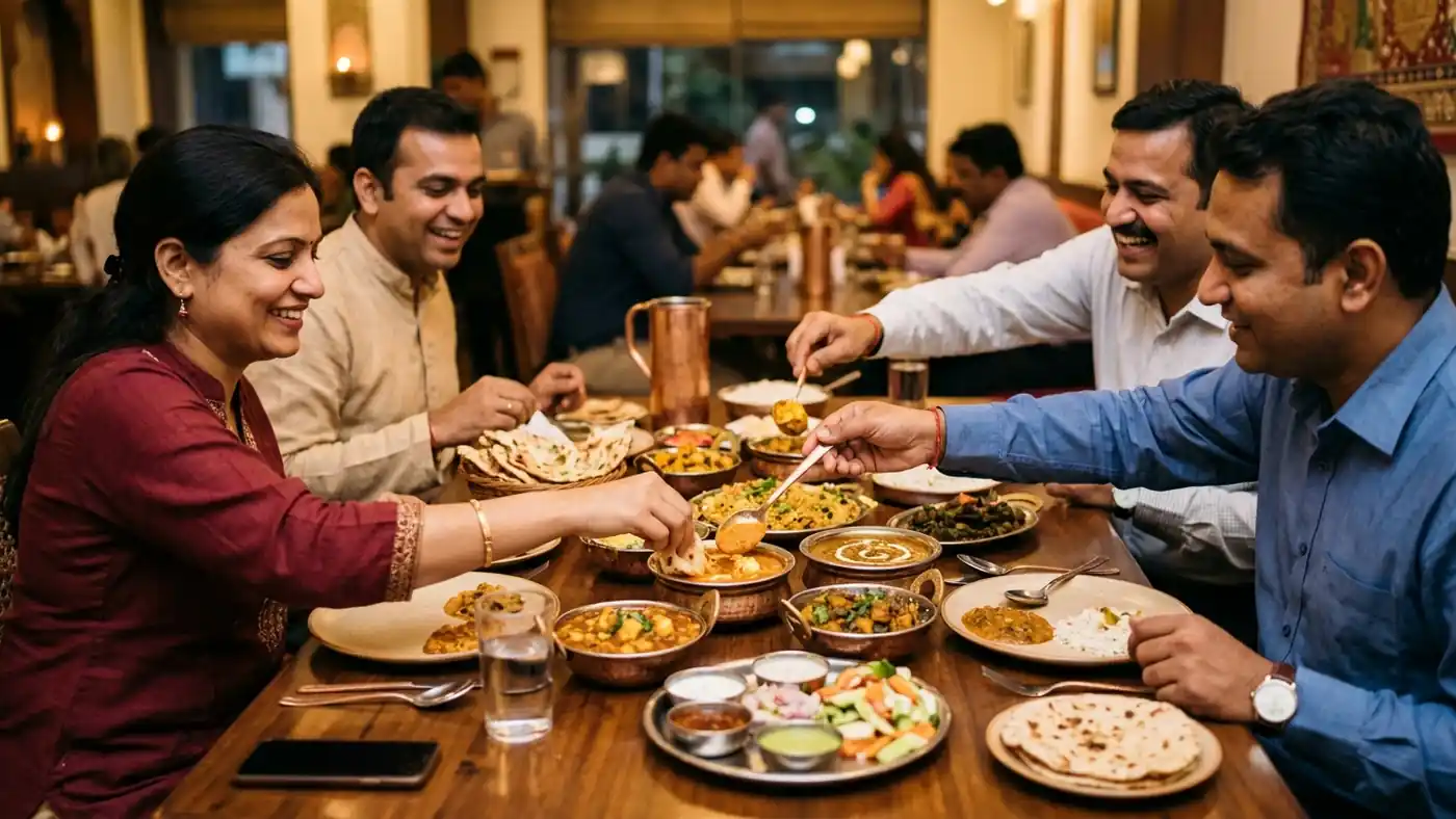 Vegetarian Indian business dinner with shared dishes illustrating hospitality etiquette in India