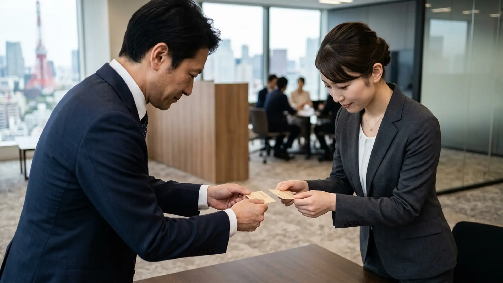 Two businesspeople exchanging a business card with both hands and a slight bow in a Japanese office.