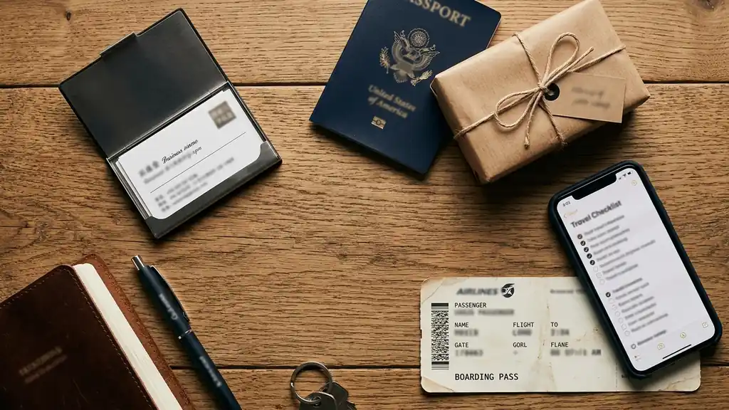 Flat-lay of a business traveler's pre-trip etiquette checklist with bilingual business cards, passport, and a wrapped gift.