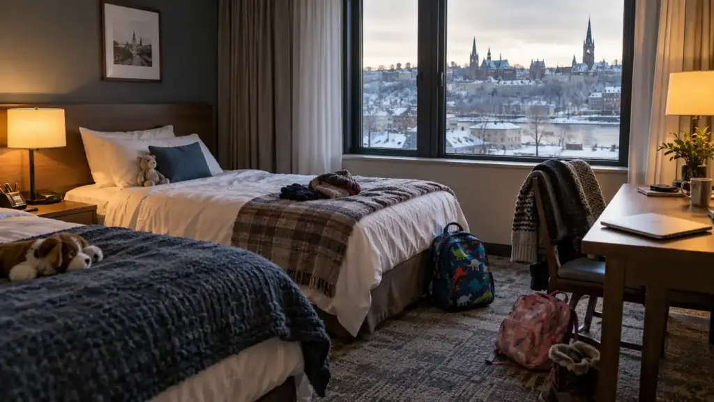 A family hotel room has two beds and a small desk near the window.