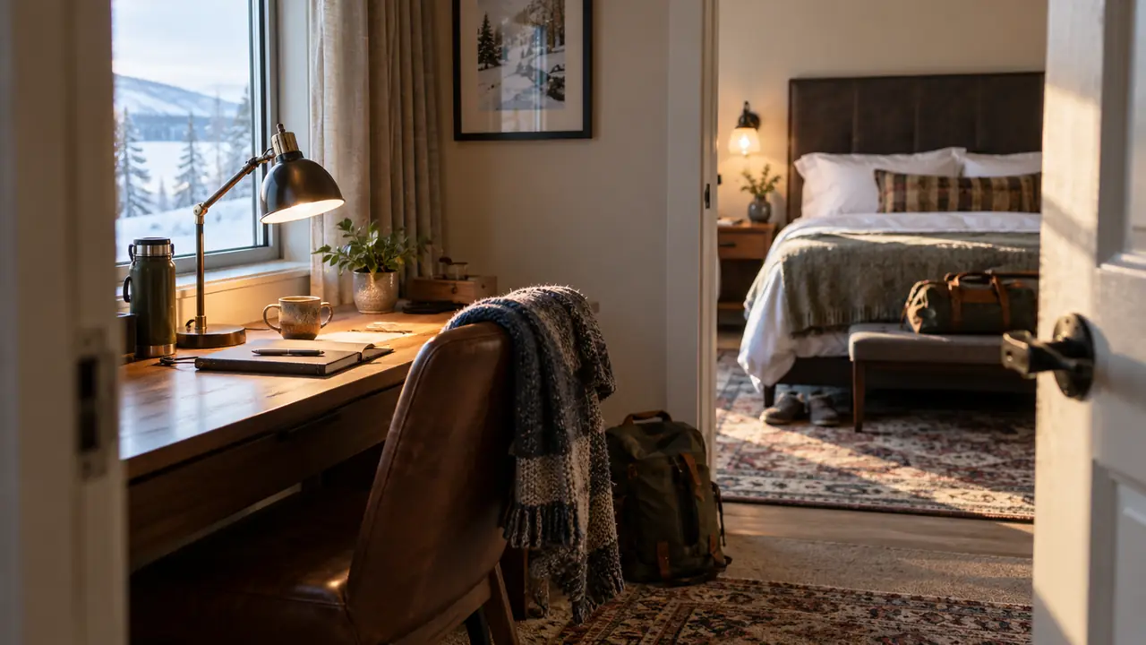A compact hotel desk sits apart from a child's sleeping area.
