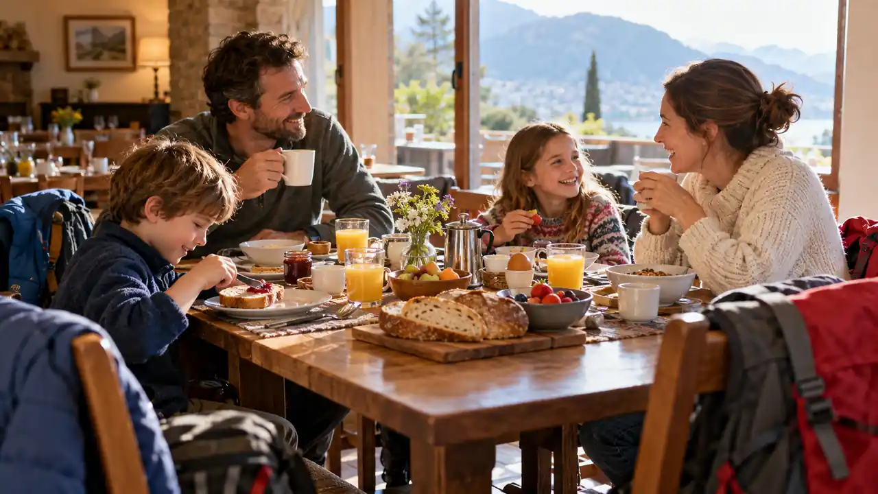 A family eats a simple breakfast before leaving a hotel.