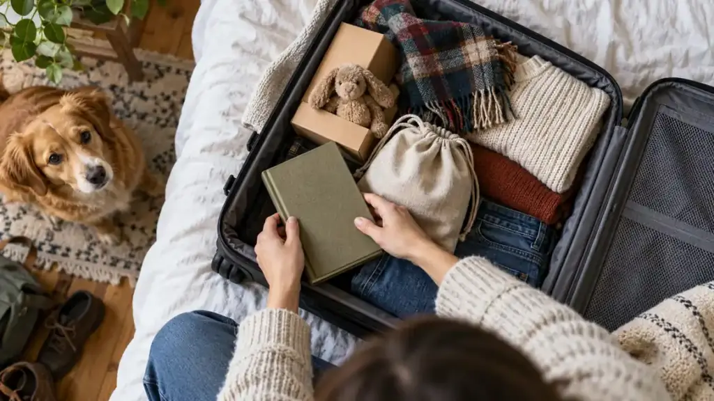 An open carry-on contains a few compact unwrapped gifts and a reusable gift bag.