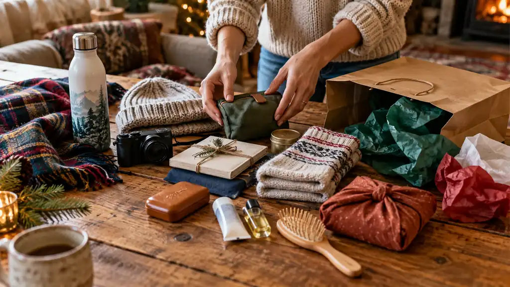 Small gifts and a folding gift bag sit on a packing table.