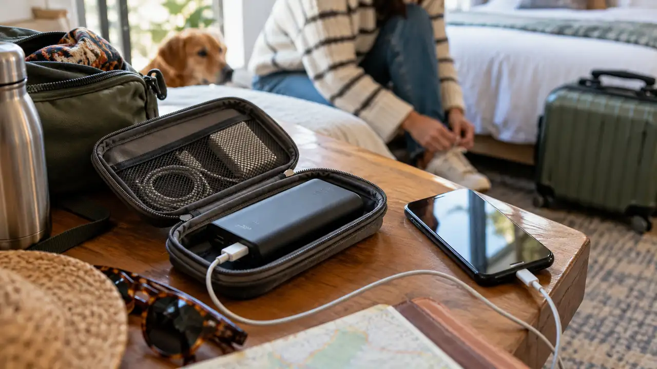 A labeled-size-free power bank rests in a protective pouch beside travel electronics.