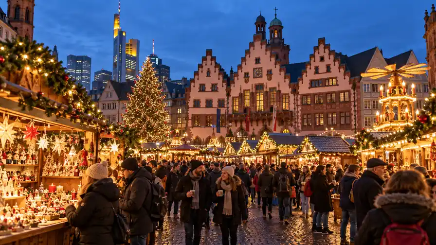 Warm Christmas market stalls glow beneath Frankfurt's historic Römerberg buildings at dusk.