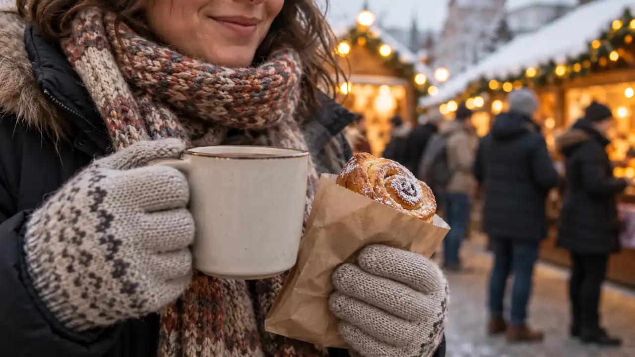 Two hands hold a warm cup and a small paper bag at an outdoor market.