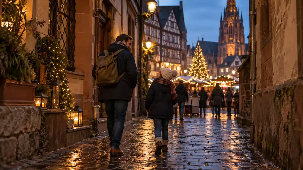 A parent and child walk away from a lit market toward a quiet city street.