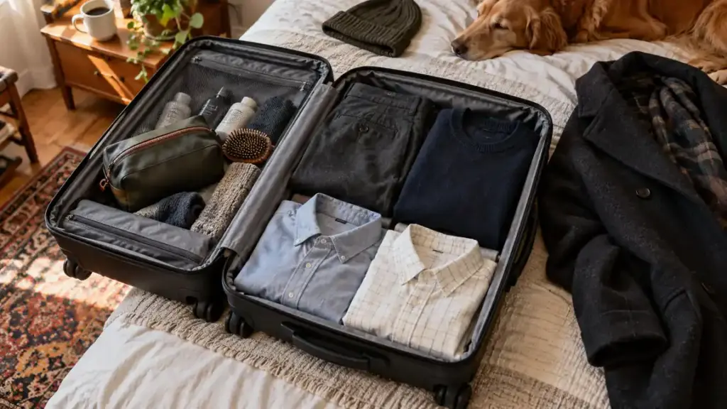 An open carry-on holds neatly folded winter business clothes beside a wool coat.
