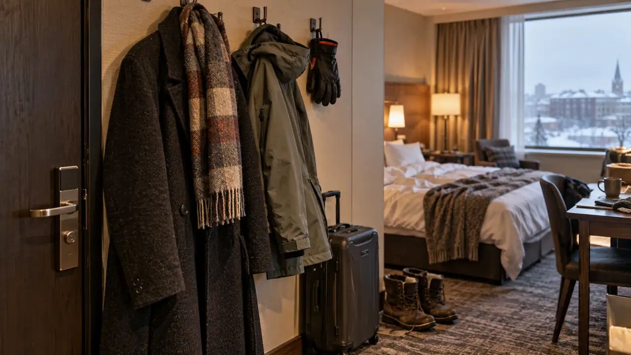 A wool coat, a compact rain shell, and a scarf hang near a hotel door.