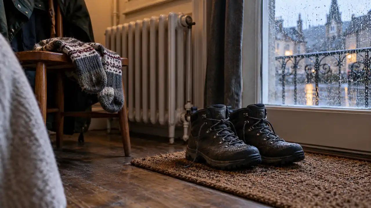 Dark shoes dry beside a hotel radiator with spare socks laid out nearby.