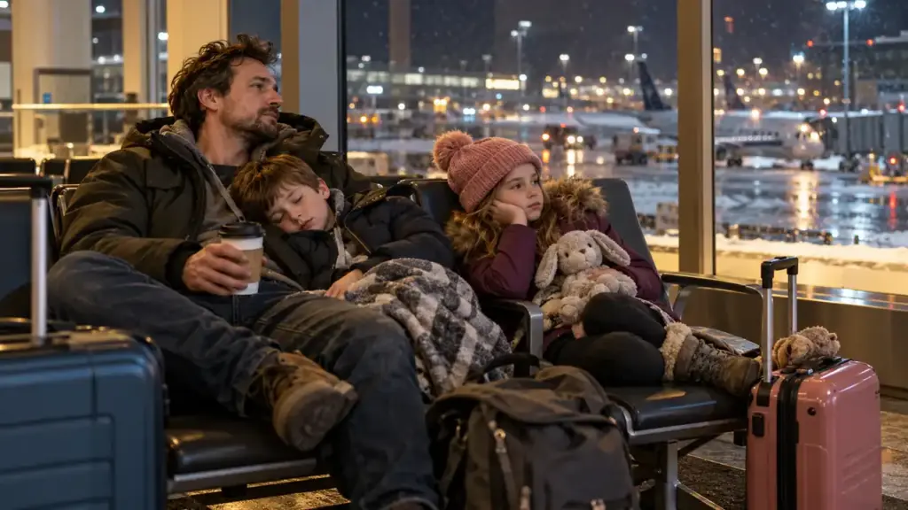 A father and two children wait with luggage in a quiet airport terminal after dark.