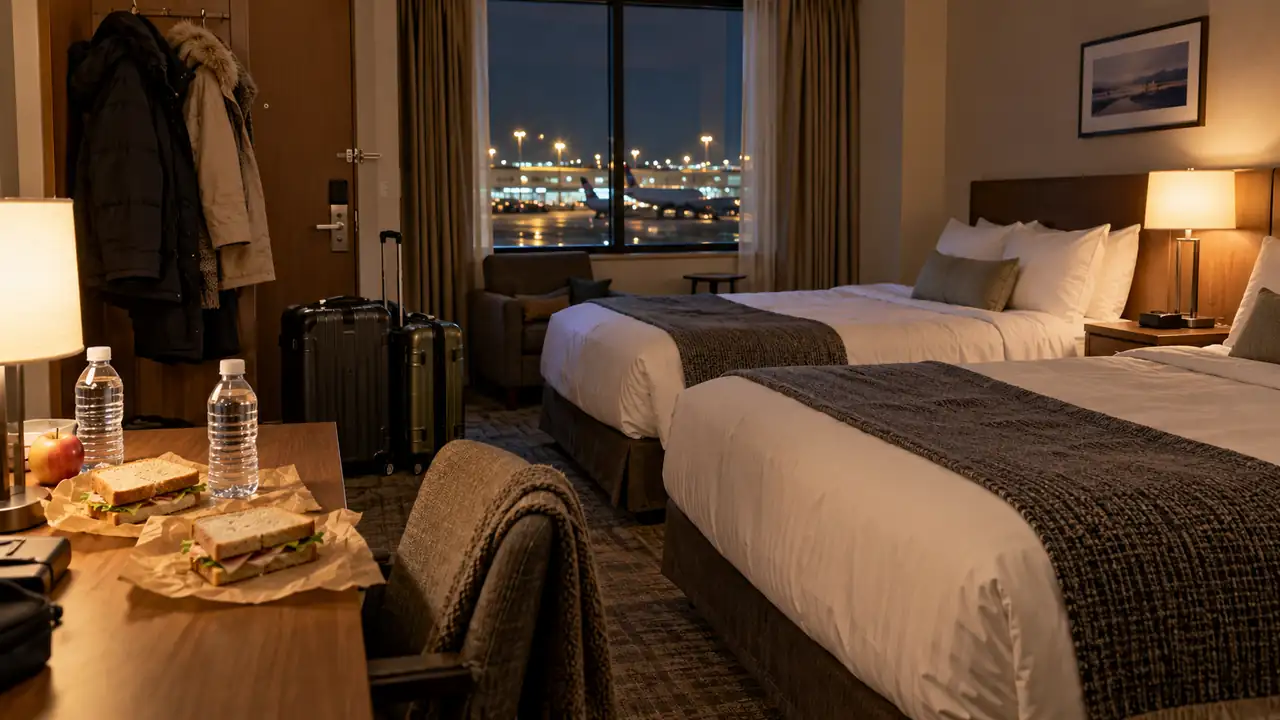 An airport hotel bed and a simple meal are ready after a disrupted journey.