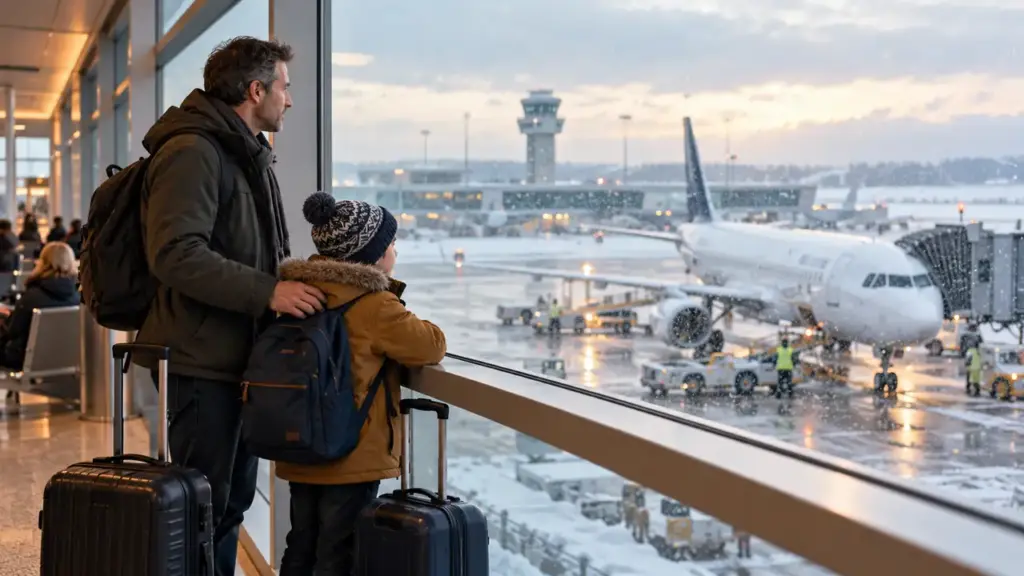 A father and school-age child beside carry-on bags watch an airplane through airport windows in light snow.