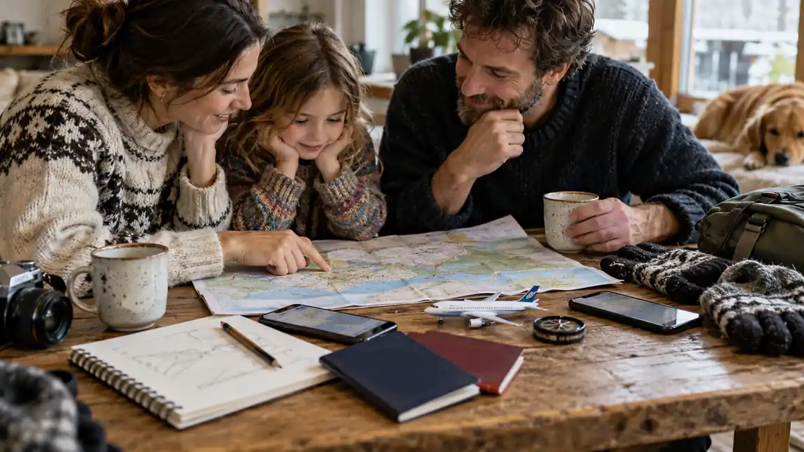 Family travel documents, a notebook, and two phones arranged on a kitchen table before a winter trip.