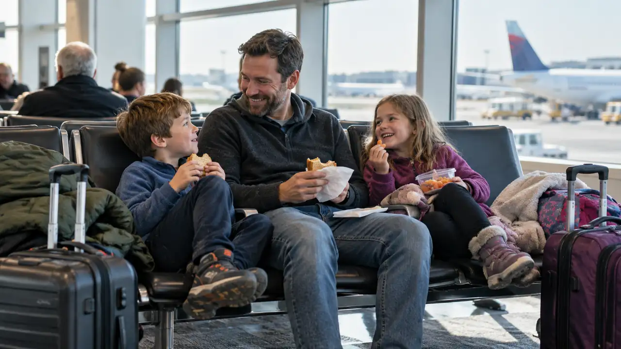 A father and two children take a snack break in a quiet airport seating area.